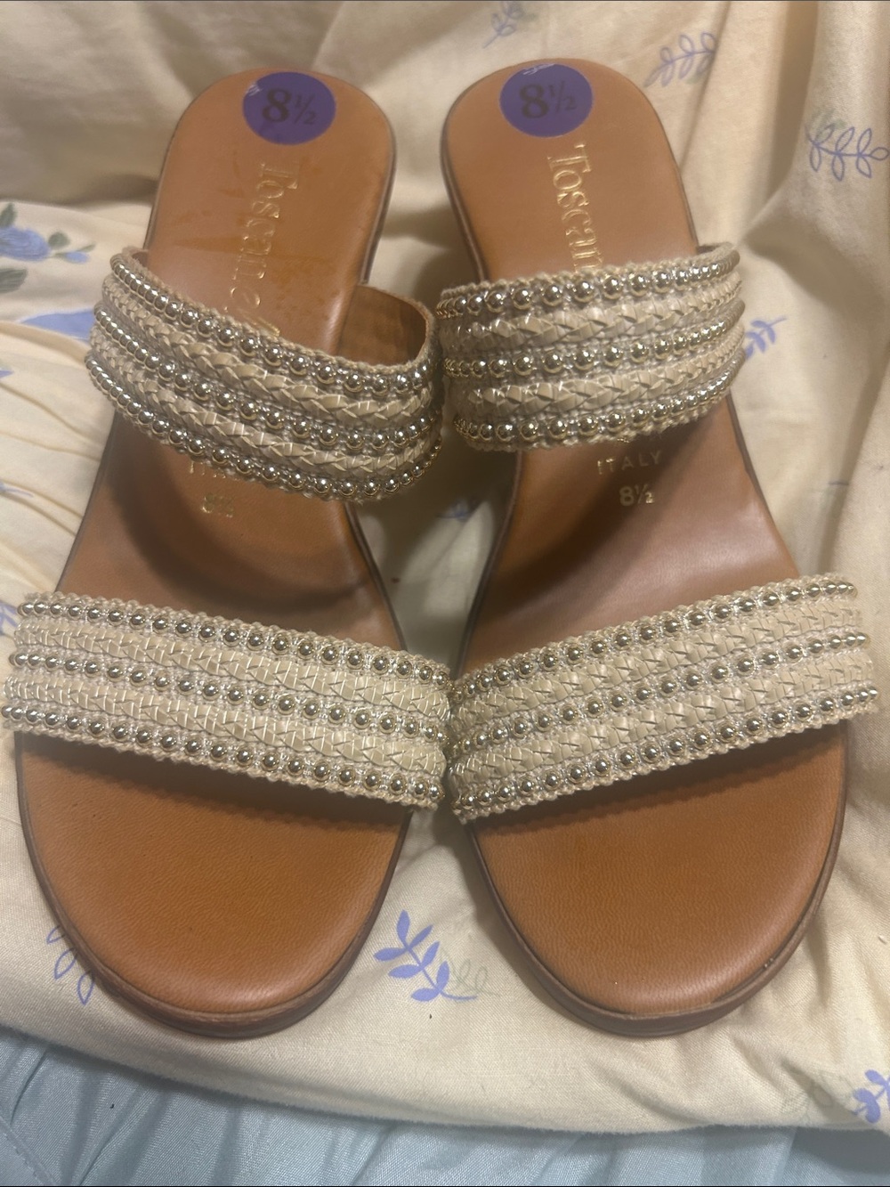 Beaded Double-Strap Slide Sandals in Beige